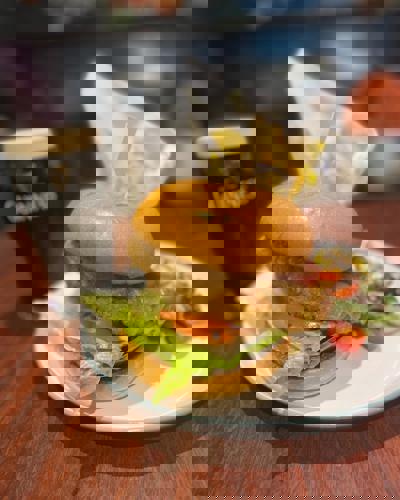 Burger, Chips and Pint of Guinness